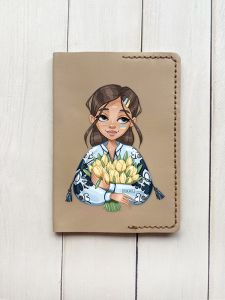 Шкіряна обкладинка на паспорт книжку :: Бежева (принт 22)