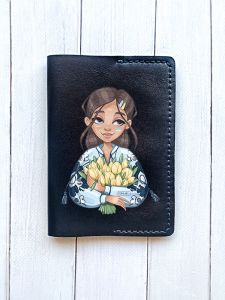 Шкіряна обкладинка на паспорт книжку :: Чорна (принт 22)