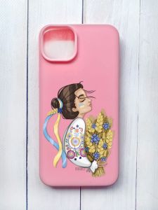 Матовий чохол на iPhone 15 Plus Рожевий :: Українка з колосками (принт 172)