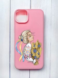 Матовий чохол на iPhone 15 Plus Рожевий :: Українка з колосками (принт 173)