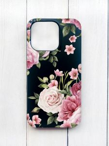 Матовий чохол на iPhone 15 Plus Чорний :: Рожеві квіти (принт 287)