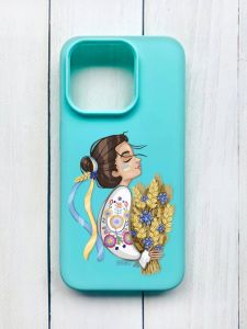 Матовий чохол на iPhone 15 Pro Бірюзовий :: Українка з колосками (принт 172)