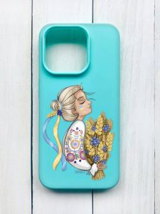 Матовий чохол на iPhone 15 Pro Бірюзовий :: Українка з колосками (принт 173)