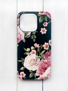 Матовий чохол на iPhone 15 Pro Чорний :: Рожеві квіти (принт 287)
