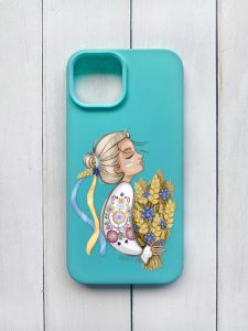 Матовий чохол на iPhone 15 Бірюзовий :: Українка з колосками (принт 173)