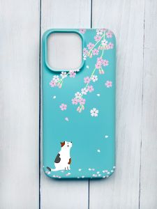 Матовий чохол на iPhone 15 Pro Max Бірюзовий :: Котик і сакура (принт 283)