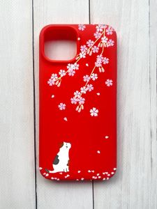 Матовий чохол на iPhone 15 Червоний :: Котик і сакура (принт 283)