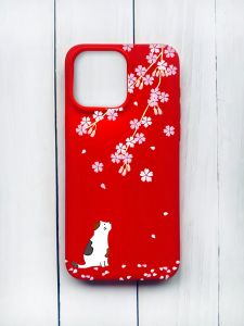 Матовий чохол на iPhone 15 Pro Max Червоний :: Котик і сакура (принт 283)