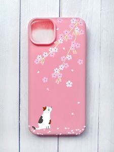 Матовий чохол на iPhone 15 Plus Рожевий :: Котик і сакура (принт 283)
