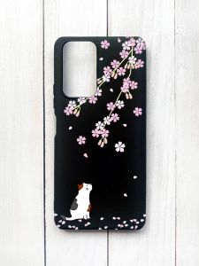 Матовий чохол на Xiaomi Redmi Note 10 Pro/10 Pro Max Чорний :: Котик і сакура (принт 283)