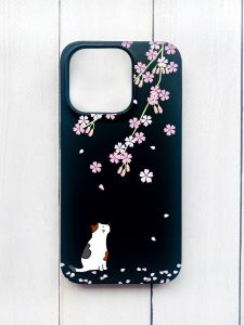 Матовий чохол на iPhone 15 Plus Чорний :: Котик і сакура (принт 283)
