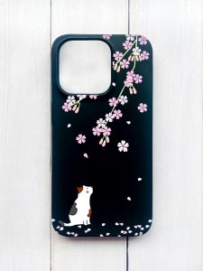 Матовий чохол на iPhone 15 Pro Чорний :: Котик і сакура (принт 283)