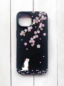 Матовий чохол на iPhone 15 Чорний :: Котик і сакура (принт 283)
