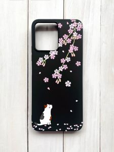 Матовий чохол на Xiaomi Redmi 12 Чорний :: Котик і сакура (принт 283)