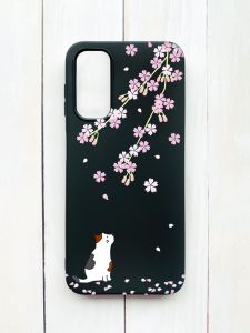 Матовий чохол на Samsung Galaxy A14 5G Чорний :: Котик і сакура (принт 283)