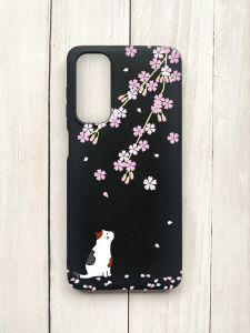 Матовий чохол на Samsung Galaxy M54 Чорний :: Котик і сакура (принт 283)