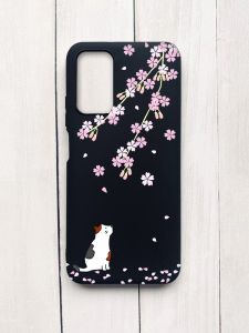 Матовий чохол на Xiaomi Redmi 9T Чорний :: Котик і сакура (принт 283)