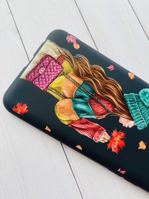 Матовий чорний чохол на Xiaomi Redmi 7A :: Дівчина з листям (принт 221)