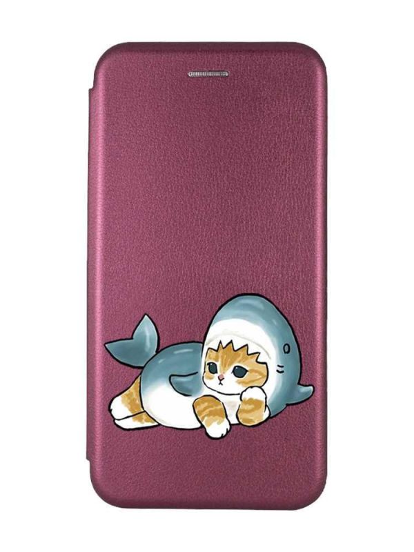 Чохол-книжка з малюнком для Xiaomi Redmi 9A Бордовий :: Котик акула (принт 355)