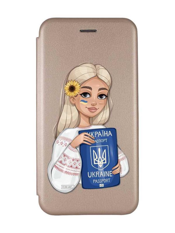 Чохол-книжка з малюнком для Samsung Galaxy A14 5G Золотий :: Дівчина з паспортом (принт 13)