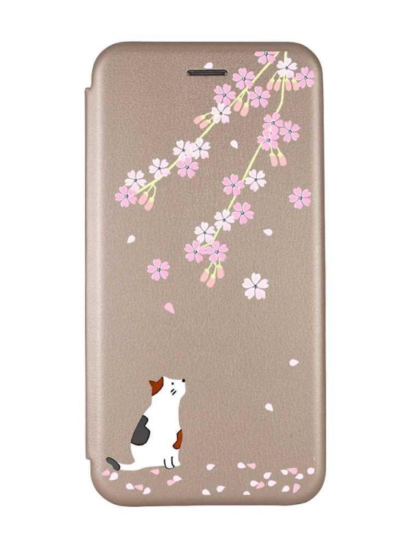 Чохол-книжка з малюнком для Xiaomi Redmi Note 9 Pro/9S/9 Pro Max Золотий :: Котик і сакура (принт 283)