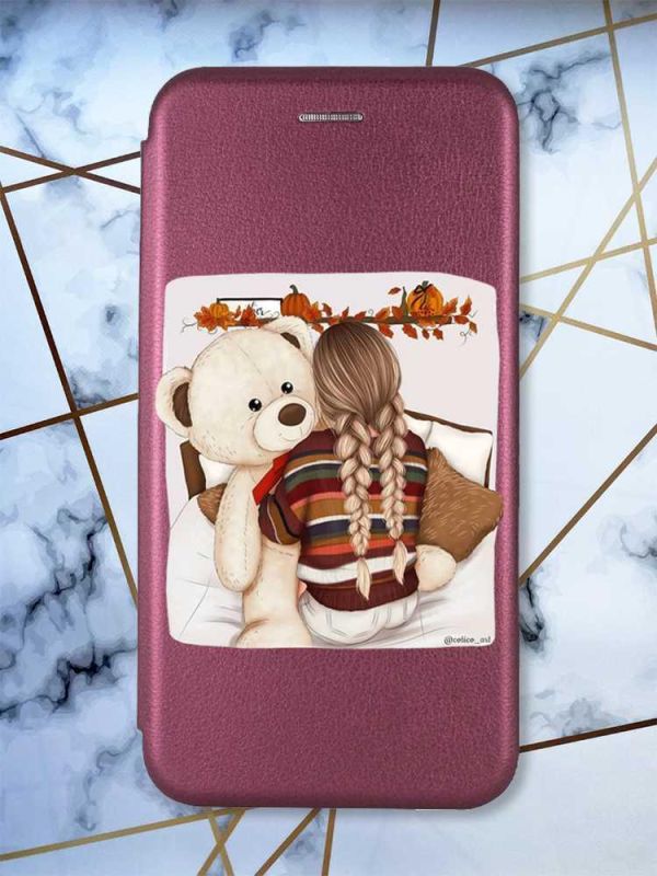 Чохол-книжка з малюнком для Xiaomi Redmi Note 12 Бордовий :: Дівчинка з ведмедиком (принт 117)
