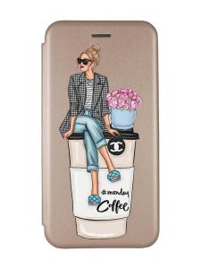 Чохол-книжка з малюнком для Samsung Galaxy A02/A022 (2021) Золотий :: Дівчина на каві (принт 228)