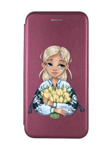 Чохол-книжка з малюнком для Xiaomi Redmi Note 12 Бордовий :: Дівчина з тюльпанами (принт 23)