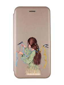 Чохол-книжка з малюнком для Xiaomi Redmi 10C Золотий :: Дівчина з ластівками (принт 16)
