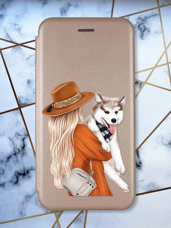 Чохол-книжка з малюнком для Xiaomi Redmi 10C Золотий :: Дівчина з песиком (принт 115)