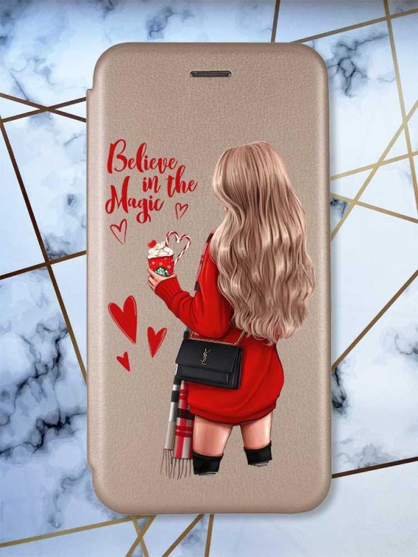 Чохол-книжка з малюнком для Xiaomi Redmi 10C Золотий :: Дівчина з кавою (принт 137)