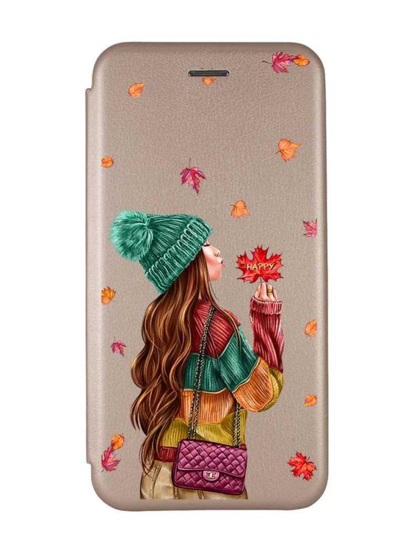 Чохол-книжка з малюнком для Xiaomi Redmi 10C Золотий :: Дівчина з листям (принт 221)