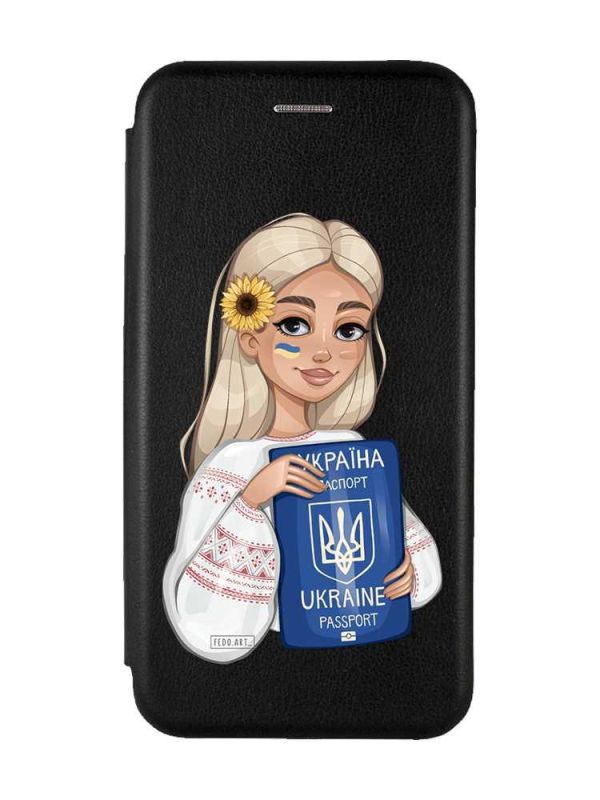 Чохол-книжка з малюнком для iPhone XS MAX Чорний :: Дівчина з паспортом (принт 13)