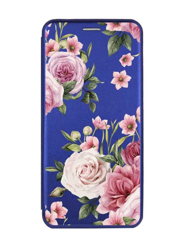 Чохол-книжка з малюнком для Xiaomi Redmi 9A Синій :: Рожеві квіти (принт 287)