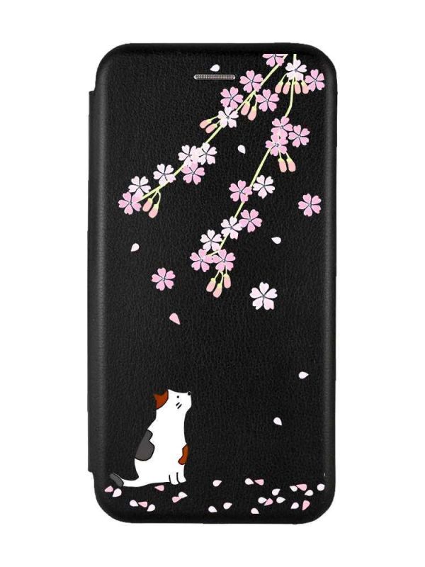 Чохол-книжка з малюнком для Xiaomi Redmi Note 13 4G Чорний :: Котик і сакура (принт 283)