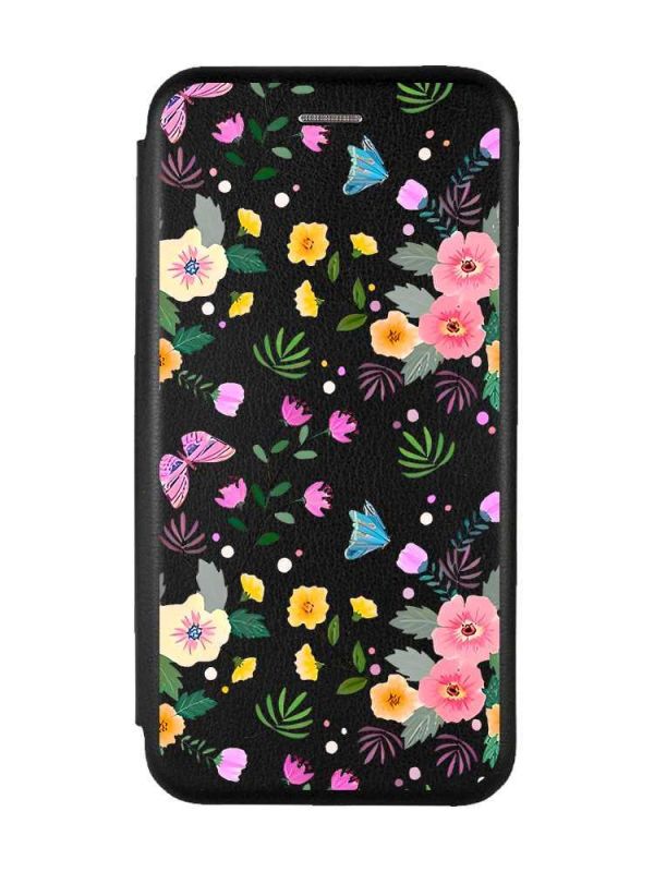 Чохол-книжка з малюнком для Samsung Galaxy A12 Чорний :: Квітковий фон (принт 369)
