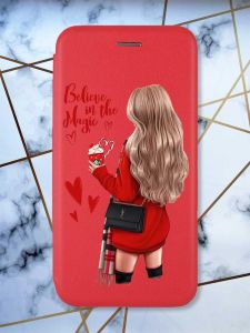 Чохол-книжка з малюнком для Xiaomi Redmi 12 Червоний :: Дівчина з кавою (принт 137)