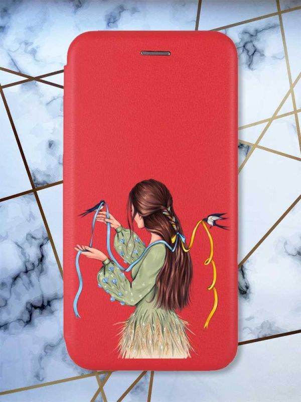 Чохол-книжка з малюнком для Xiaomi Redmi 12 Червоний :: Дівчина з ластівками (принт 16)