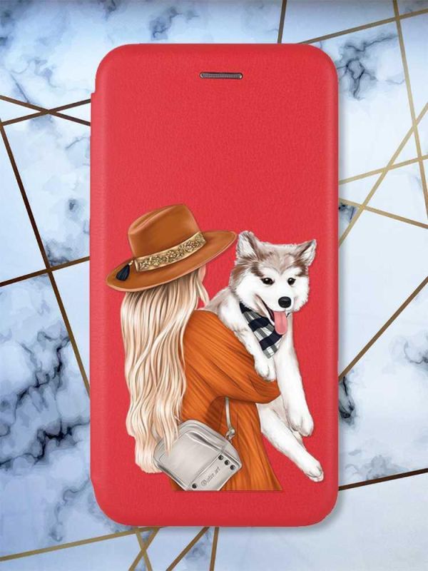 Чохол-книжка з малюнком для Xiaomi Redmi 12C Червоний :: Дівчина з песиком (принт 115)
