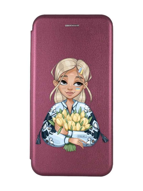 Чохол-книжка з малюнком для Xiaomi Redmi Note 13 4G Бордовий :: Дівчина з тюльпанами (принт 23)