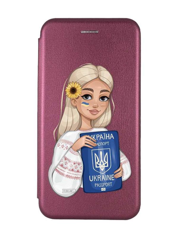 Чохол-книжка з малюнком для Xiaomi Redmi Note 13 Pro 4G Бордовий :: Дівчина з паспортом (принт 13)