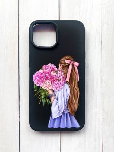 Матовий чохол на iPhone 15 Чорний :: Дівчина з півоніями (принт 11)