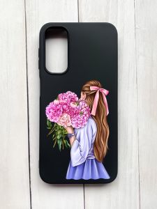 Матовий чохол на Samsung Galaxy A24 Чорний :: Дівчина з півоніями (принт 11)