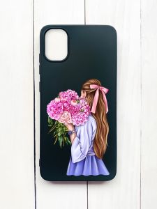 Матовий чохол на Samsung Galaxy A05 (A055) Чорний :: Дівчина з півоніями (принт 11)