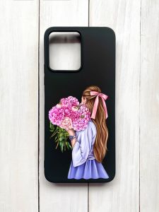 Матовий чохол на Xiaomi Redmi 12 Чорний :: Дівчина з півоніями (принт 11)