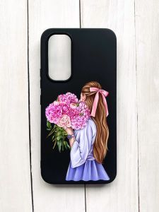 Матовий чохол на Samsung Galaxy A54 5G (A546) Чорний :: Дівчина з півоніями (принт 11)