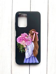 Матовий чохол на Xiaomi Redmi 10 Чорний :: Дівчина з півоніями (принт 11)