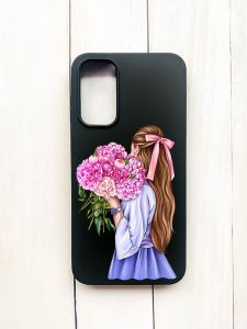 Матовий чохол на Samsung Galaxy A15 (A155) Чорний :: Дівчина з півоніями (принт 11)