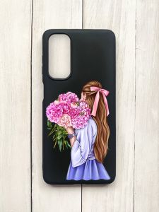 Матовий чохол на Samsung Galaxy M54 Чорний :: Дівчина з півоніями (принт 11)