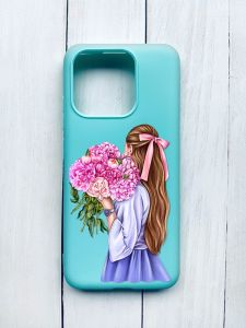 Матовий чохол на Xiaomi Redmi 12C Бірюзовий :: Дівчина з півоніями (принт 11)